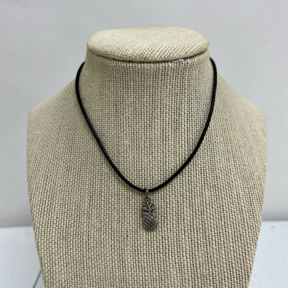 Pineapple Choker Necklace‎ Black Cord Charm Silver Tone Short Textured